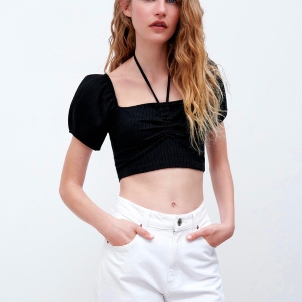 Black Ribbed Puff Sleeve Square Neck Ruched Halter Crop Top Women's Size Large